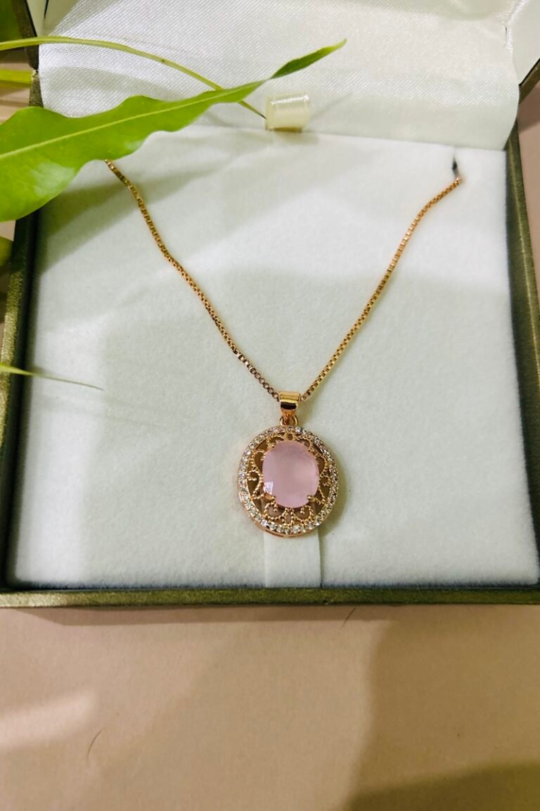 Golden flower locket with pink stone(1)